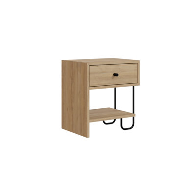 Decortie Modern Sirius Nightstand Drawer Storage Oak Metal and Engineered Wood Legs 45(W)cm Bedside Table Bedroom