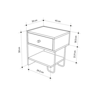Decortie Modern Sirius Nightstand Drawer Storage Oak Metal and Engineered Wood Legs 45(W)cm Bedside Table Bedroom