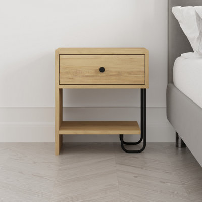 Decortie Modern Sirius Nightstand Drawer Storage Oak Metal and Engineered Wood Legs 45(W)cm Bedside Table Bedroom