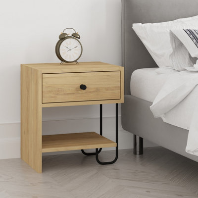 Decortie Modern Sirius Nightstand Drawer Storage Oak Metal and Engineered Wood Legs 45(W)cm Bedside Table Bedroom