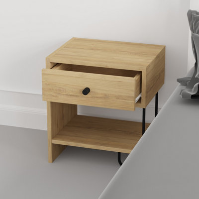 Decortie Modern Sirius Nightstand Drawer Storage Oak Metal and Engineered Wood Legs 45(W)cm Bedside Table Bedroom