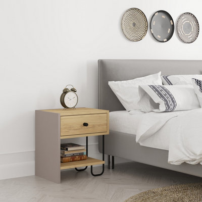 Decortie Modern Sirius Nightstand Drawer Storage Oak Mocha Grey Metal and Engineered Wood Legs 45(W)cm Bedside Table Bedroom