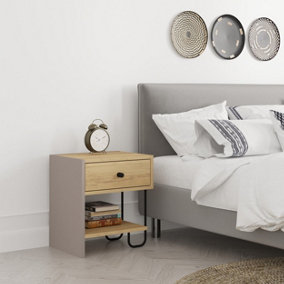 Decortie Modern Sirius Nightstand Drawer Storage Oak Mocha Grey Metal and Engineered Wood Legs 45(W)cm Bedside Table Bedroom