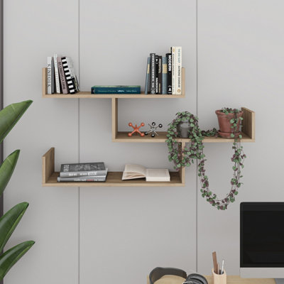 Decortie Modern Tibet Wall Mounted Shelf Display Unit Natural Oak W 119cm Wide