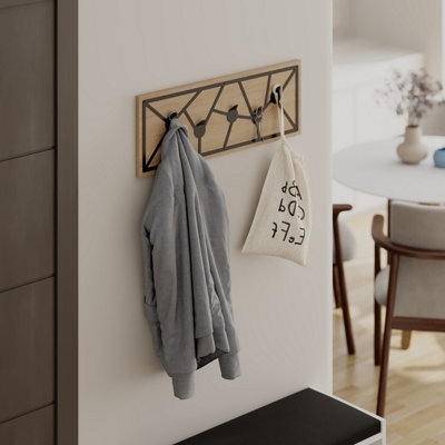 Decortie Modern Trace Wall-Mounted Oak Hanger with 5 Metal Hooks Entryway, Hallway Bedroom Coat Rack 74.6(W)x1.80(D)x26.6(H)cm