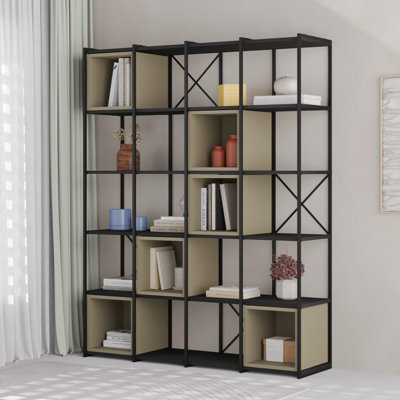 Decortie Modern Vale Maxi Bookcase Versatile Display Unit 5-Tier Metal Frame 6 Adjustable Shelf 18mm (Black Wood, Ash Green)