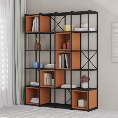 Decortie Modern Vale Maxi Bookcase Versatile Display Unit 5-Tier Metal Frame 6 Adjustable Shelf 18mm (Black Wood, Cinnamon)