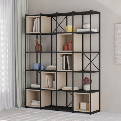 Decortie Modern Vale Maxi Bookcase Versatile Display Unit 5-Tier Metal Frame 6 Adjustable Shelf 18mm (Black Wood, Sandstone)