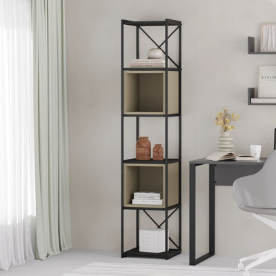 Decortie Modern Vale Mini Bookcase Versatile Display Unit 5-Tier Metal Frame 2 Adjustable Shelf 18mm (Black Wood, Ash Green)