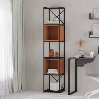 Decortie Modern Vale Mini Bookcase Versatile Display Unit 5-Tier Metal Frame 2 Adjustable Shelf 18mm (Black Wood, Cinnamon)