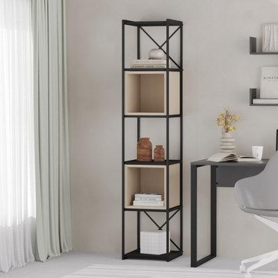 Decortie Modern Vale Mini Bookcase Versatile Display Unit 5-Tier Metal Frame 2 Adjustable Shelf 18mm (Black Wood, Sandstone)