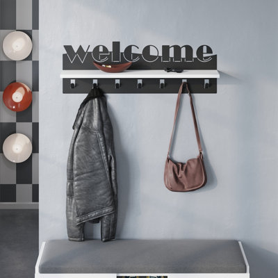 Decortie Modern Welcome Letter Wall Hanger White Metal 7 Metal Hooks Hanging Shelf Rack Hotels, Hallway, Bedroom (Black)