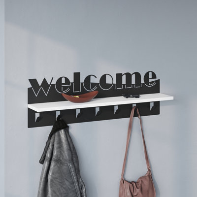 Decortie Modern Welcome Letter Wall Hanger White Metal 7 Metal Hooks Hanging Shelf Rack Hotels, Hallway, Bedroom (Black)