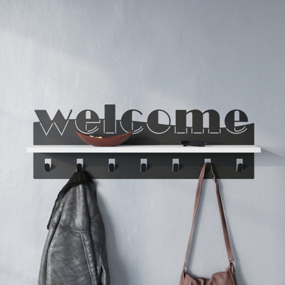 Decortie Modern Welcome Letter Wall Hanger White Metal 7 Metal Hooks Hanging Shelf Rack Hotels, Hallway, Bedroom (Black)