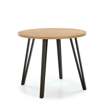 Decortie Modern Xana Round Dining Table up to 4 Seater Black Metal 4 Legs Kitchen Table of 90x77.5cm Natural Oak