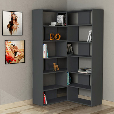 Decortie Molly Corner Bookcase 5 Tier Anthracite Grey Wall Mounted 178.6x93.6x29.6cm