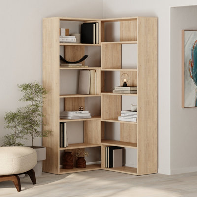 Decortie Molly Corner Bookcase 5 Tier Oak Wall Mounted 178.6x93.6x29.6cm