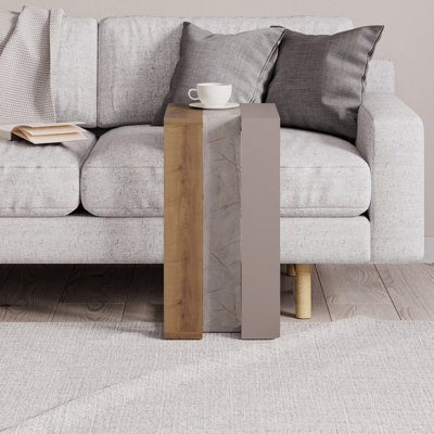 Decortie Muju Modern C Shape Table Oak Effect Gold Marble Effect Mocha Grey Multipurpose  H 57cm