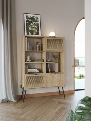 Decortie Naive Bookcase with Laser-Cut Surface 3-Doors and Open Shelf Metal Legs 98.3(W)x140.7(H)cm Oak