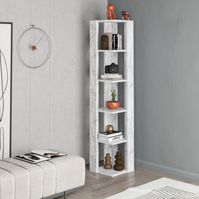 Decortie Nati Modern Corner Bookcase Display Unit White Marble Effect Tall 161cm