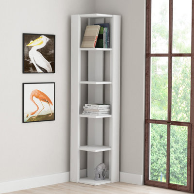 Decortie Nati Modern Corner Bookcase Display Unit White Tall 161cm