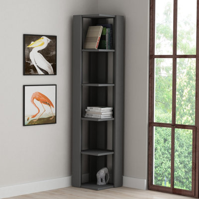 Decortie Nati Tall Corner Bookcase Modern Shelving Unit Anthracite Grey 161cm