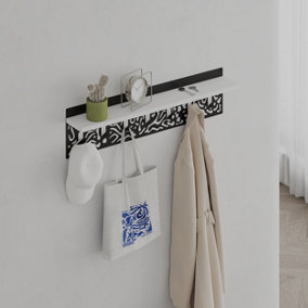 Decortie Novo Wall-Mounted Coat Rack White Metal 7 Hooks and Open Shelf Storage Space, Hallway, Bedroom (Black Metal)