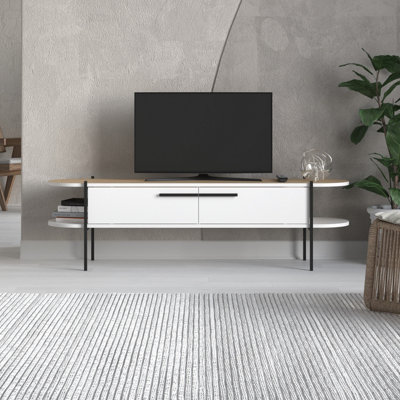 Decortie Otis Modern TV Unit Multimedia Centre White Oak Metal Leg Storage Cabinet 160cm