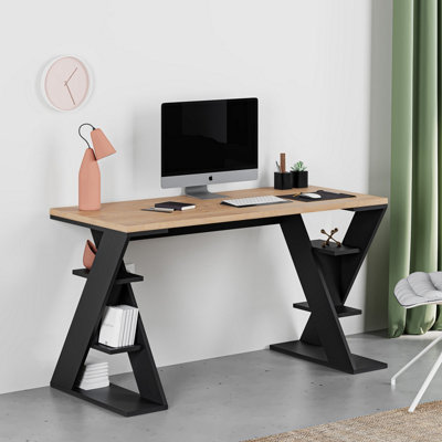 Decortie Papillon Modern Desk Oak, Black With Bookshelf Legs Width 137cm