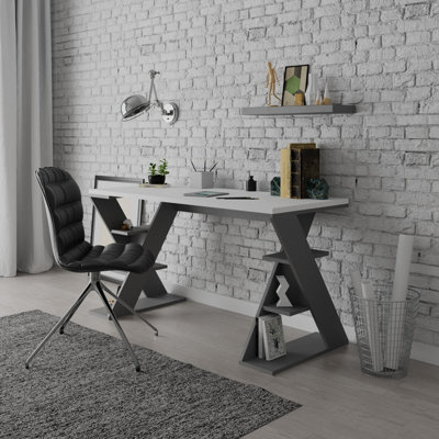 Decortie Papillon Modern Desk White Anthracite Grey With Bookshelf Legs Width 137cm