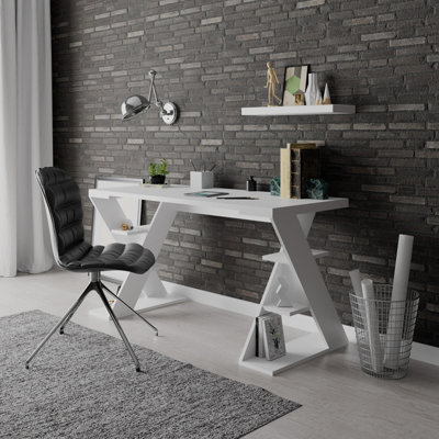 Decortie Papillon Modern Desk White With Bookshelf Legs Width 137cm