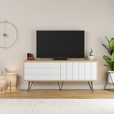 Decortie Picadilly Modern TV Stand Multimedia Centre TV Unit Oak White With Storage Cabinet 139cm