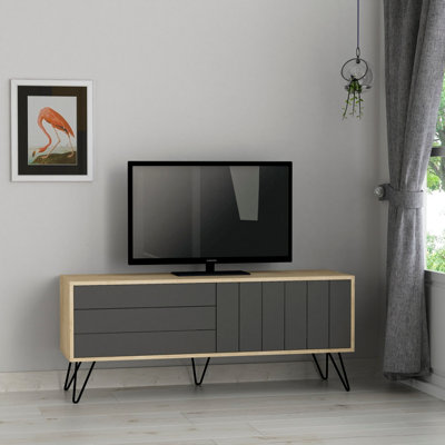 Decortie Picadilly Modern TV Unit Multimedia Centre Oak Anthracite Grey with Storage TV Cabinet 139cm