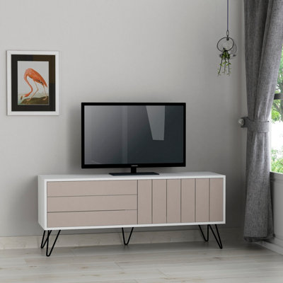 Decortie Picadilly Modern TV Unit Multimedia Centre White Mocha Grey with Storage TV Cabinet 139cm