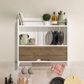 Decortie Pion Modern Kitchen Wall Shelf Unit with Metal Hangers White Dark Oak Coffee H 76.3