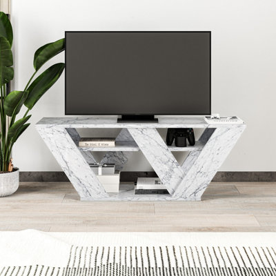 Decortie Pipralla Modern TV Unit Multimedia Centre White Marble Effect with Shelves 110cm