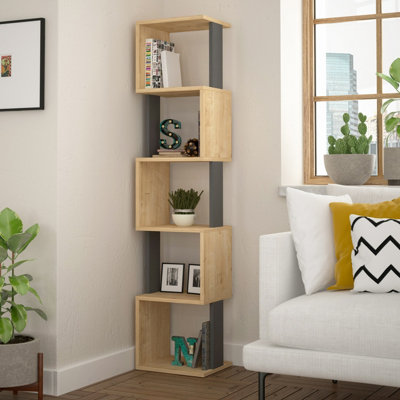 Decortie Piri Tall Freestanding Bookcase with 5 Tier Modern Display Unit Oak Anthracite Grey 161cm
