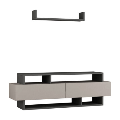 Decortie Rela Modern TV Stand Multimedia Centre TV Unit Mocha Grey Anthracite Grey With Storage And Wall Shelf 125cm