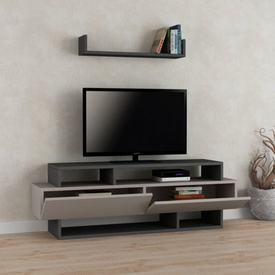Decortie Rela Modern TV Stand Multimedia Centre TV Unit Mocha Grey Anthracite Grey With Storage And Wall Shelf 125cm