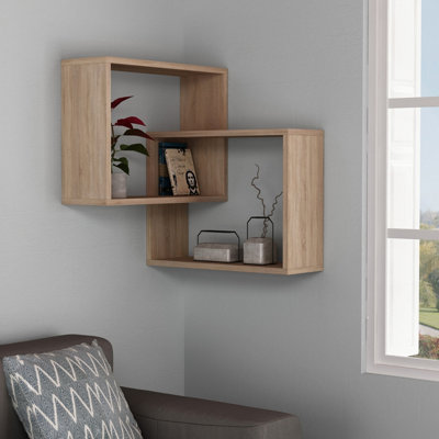 Decortie Ring Corner Wall Mounted Modern Bookcase Display Unit Oak 60cm