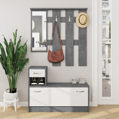 Decortie Rudolf Modern Hall Stand with Mirror 3 Hooks Hallway Bench with Storage Retro Grey White H 101.8cm