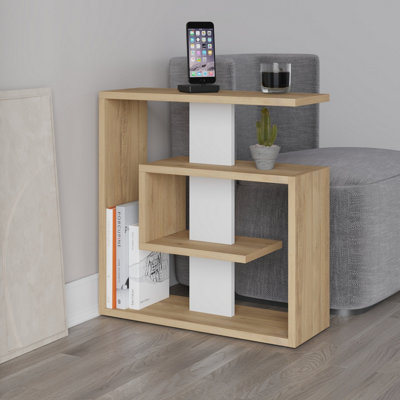 Decortie Saly Modern 3-Tier Compact Side Table with Storage Shelves Oak White 57cm