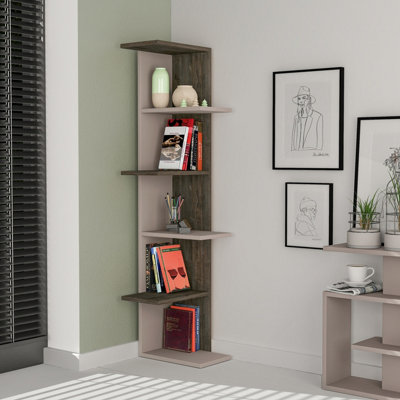 Decortie Saso Modern Corner Bookcase Display Unit Mocha Grey Dark Coffee Oak Effect Medium 141(H)cm