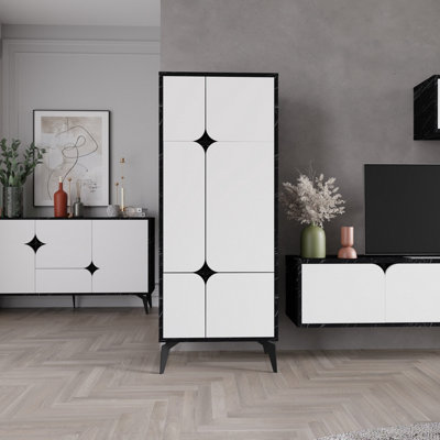 Decortie Spark Modern Storage Cabinet Multipurpose Black Marble Effect White H 151cm