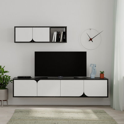 Decortie Spark Modern Tv Unit Black Marble Effect White With Wall