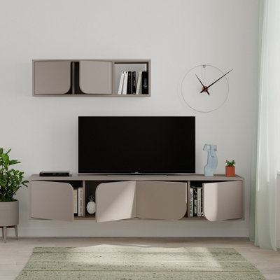 Decortie Spark Modern Tv Unit Mocha Grey With Wall Storage Unit