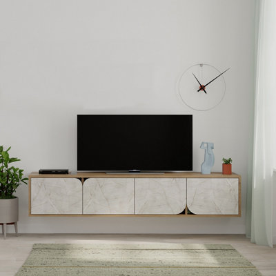 Decortie Spark Modern TV Unit Multimedia Centre Storage TV Cabinet Oak Effect Gold Marble Effect 180cm