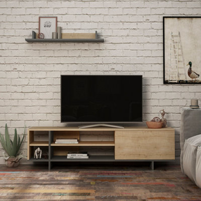 Decortie Stockton Modern TV Unit Oak Anthracite Grey with Storage and Wall Shelf 160cm