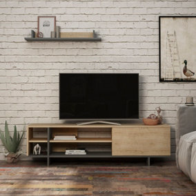 Decortie Stockton Modern Tv Unit Oak Anthracite Grey With Storage And Wall Shelf 160cm