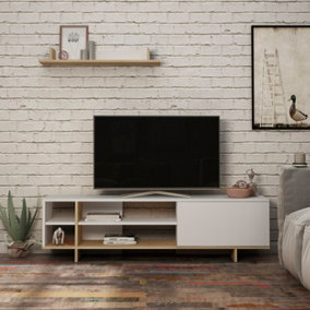 Decortie Stockton Modern Tv Unit White Oak With Storage And Wall Shelf 160cm